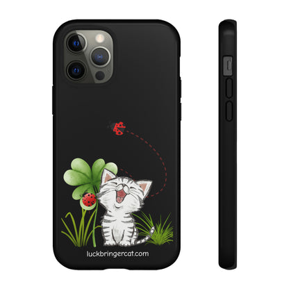 Cute Happy Cat Phone Case- iPhone, Samsung Galaxy, Google Pixel- Black- Lucky Clover Ladybug