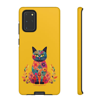 Phone Case for Cat Lovers- iPhone, Samsung Galaxy, Google Pixel- Colorful Floral Cat-Yellow-Graphic