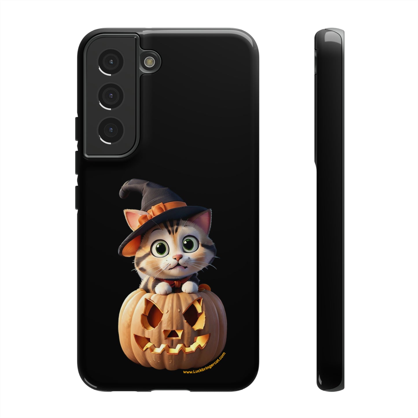 Premium-quality tough protective phone cases for iPhone and Samsung - Halloween Pumpkin Cat - Black