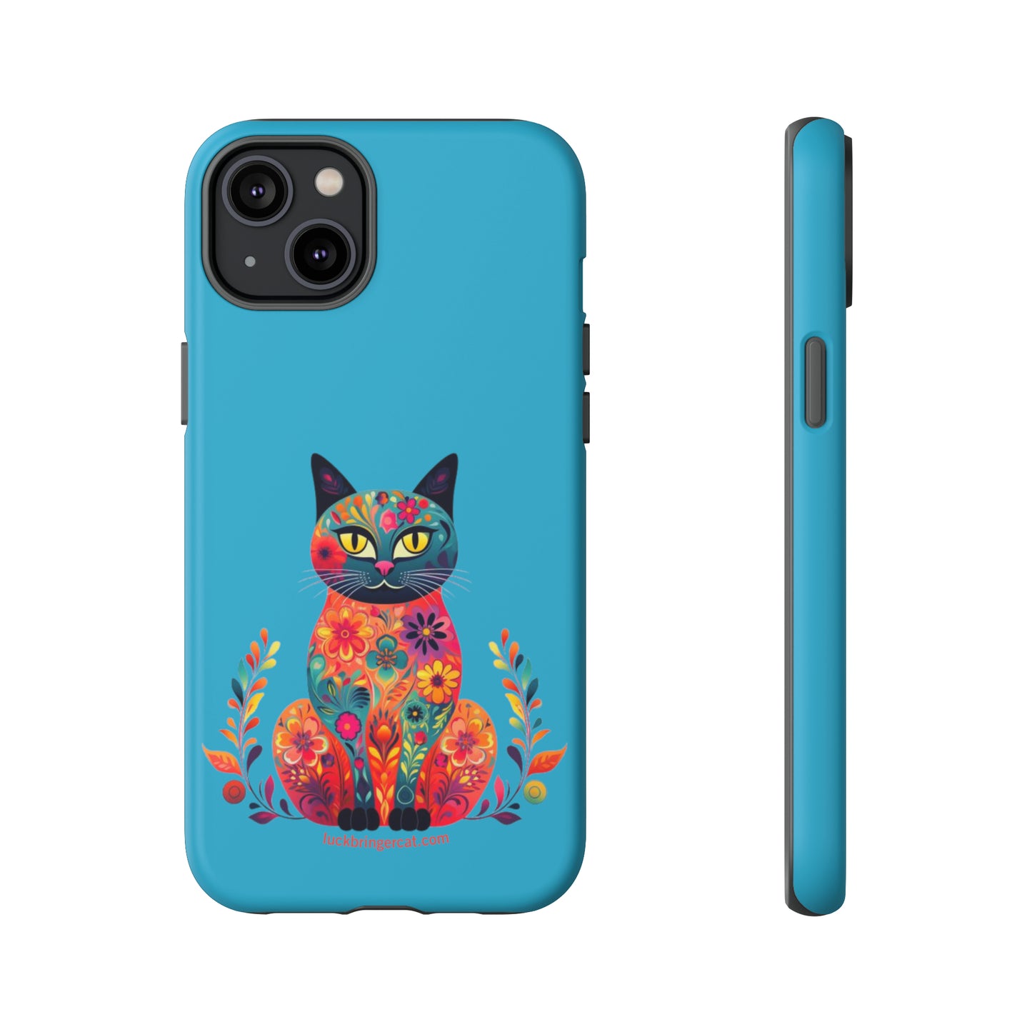 Phone Case for Cat Lovers- iPhone, Samsung Galaxy, Google Pixel- Colorful Floral Cat-Turquoise-Graphic