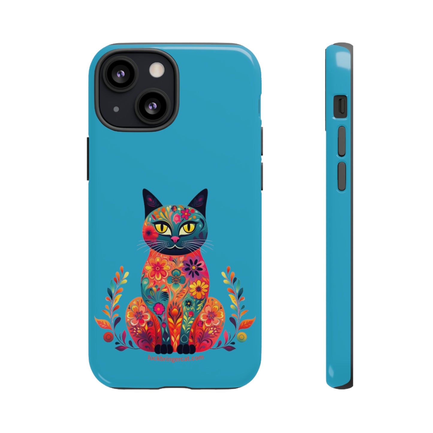 Phone Case for Cat Lovers- iPhone, Samsung Galaxy, Google Pixel- Colorful Floral Cat-Turquoise-Graphic