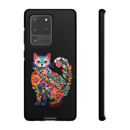 Floral Cat Lovers Phone case- iPhone, Samsung Galaxy, Google Pixel- Black-Tough-Premium Quality