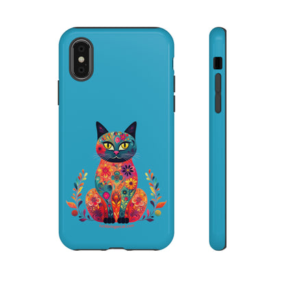 Phone Case for Cat Lovers- iPhone, Samsung Galaxy, Google Pixel- Colorful Floral Cat-Turquoise-Graphic