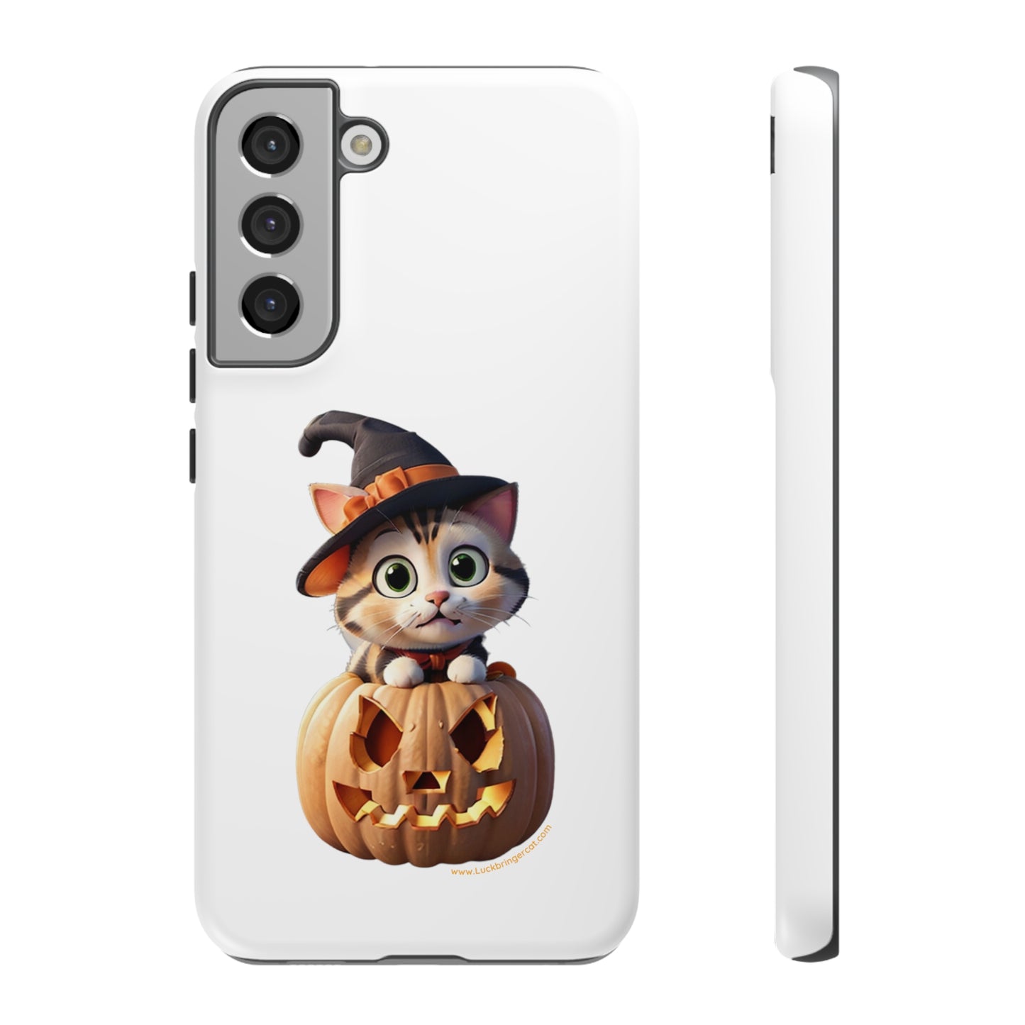 Premium-quality tough protective phone cases for iPhone and Samsung - Halloween Cat - White