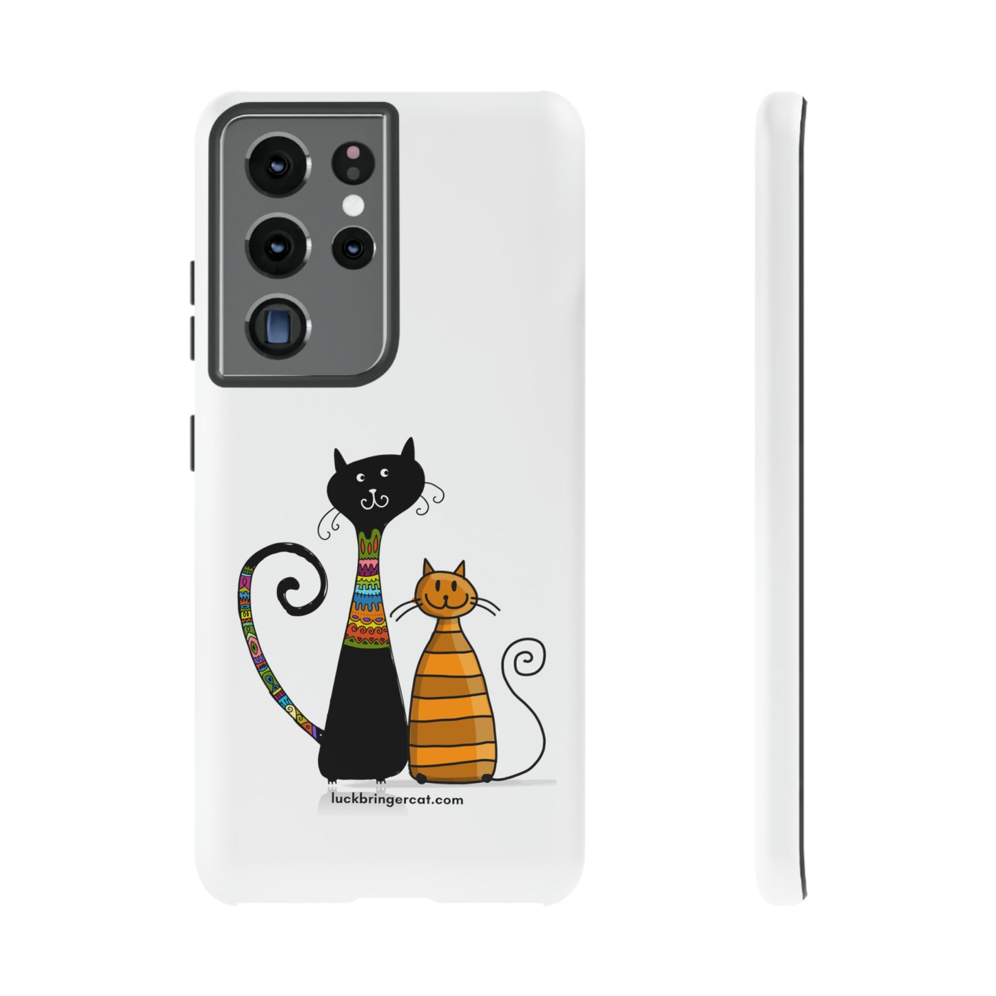 Funny Phone Case for Cat Lovers- iPhone, Samsung Galaxy and Google Pixel- White With Cute Black and Orange Cats