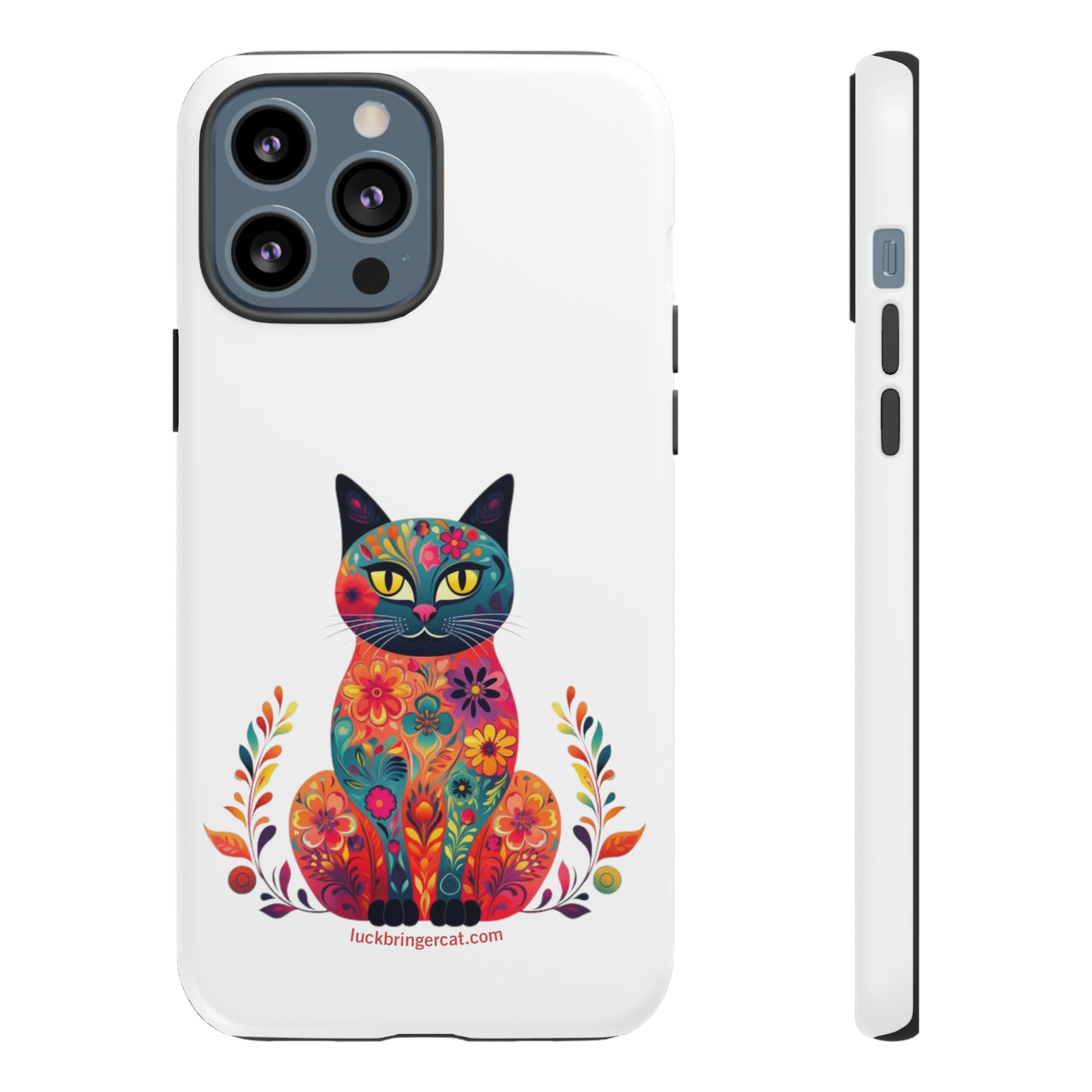 Phone Case for Cat Lovers- iPhone, Samsung Galaxy, Google Pixel- Colorful Floral Cat-White-Graphic