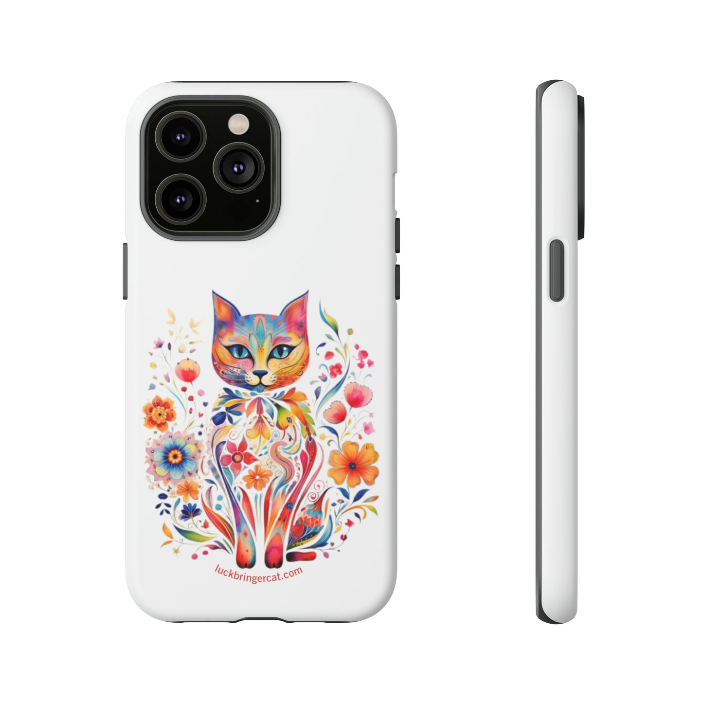 Phone Case for Cat and Flower Lovers- iPhone, Samsung Galaxy, Google Pixel- Colorful Floral Cat-White