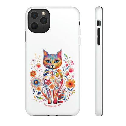 Phone Case for Cat and Flower Lovers- iPhone, Samsung Galaxy, Google Pixel- Colorful Floral Cat-White