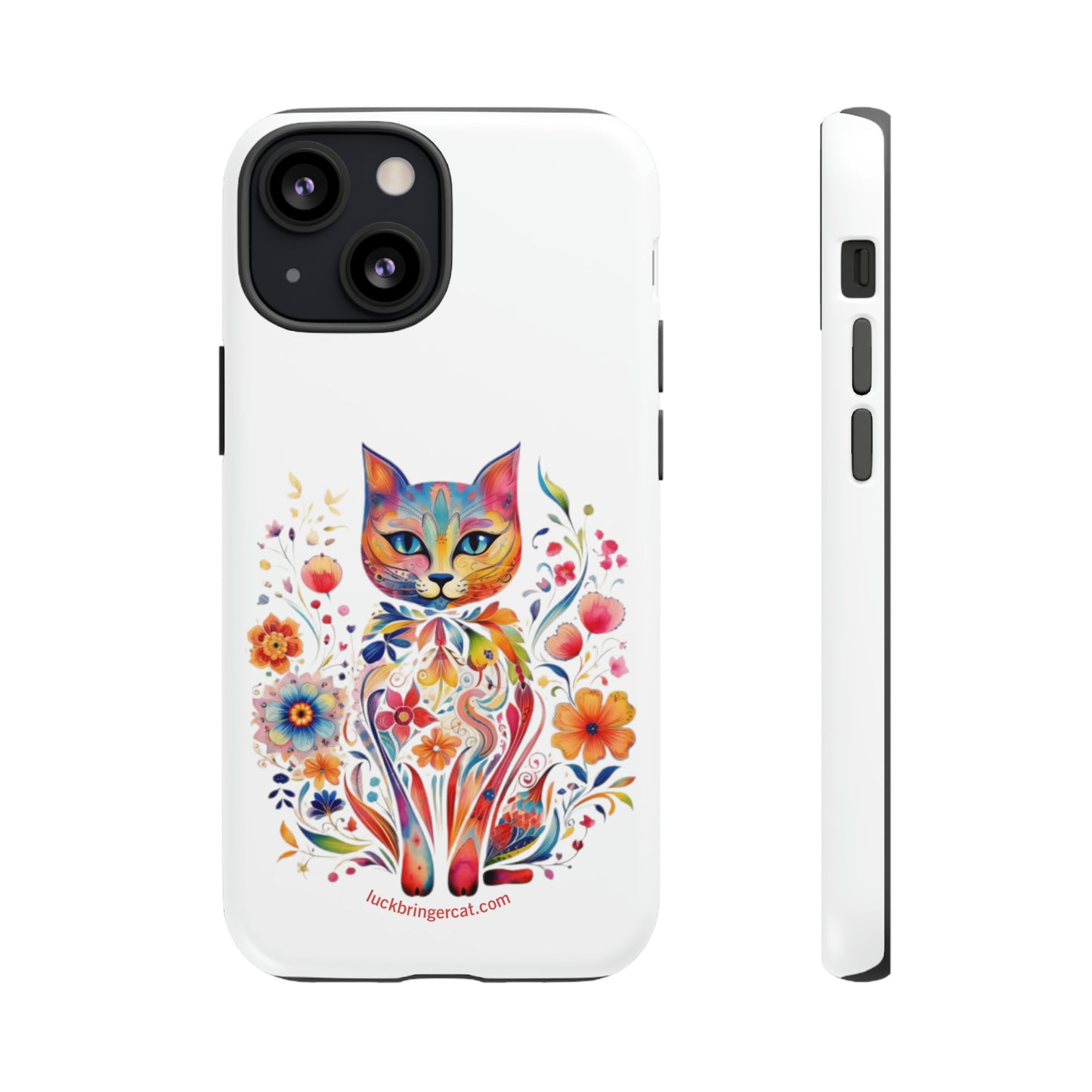 Phone Case for Cat and Flower Lovers- iPhone, Samsung Galaxy, Google Pixel- Colorful Floral Cat-White