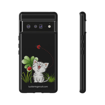 Cute Happy Cat Phone Case- iPhone, Samsung Galaxy, Google Pixel- Black- Lucky Clover Ladybug