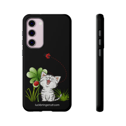 Cute Happy Cat Phone Case- iPhone, Samsung Galaxy, Google Pixel- Black- Lucky Clover Ladybug