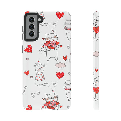 Premium-quality tough protective phone cases for iPhone, Samsung and Google - White With Cute Cartoon Cats and Red Hearts