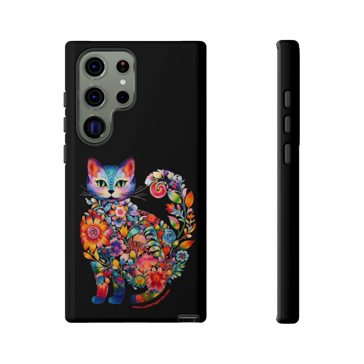 Floral Cat Lovers Phone case- iPhone, Samsung Galaxy, Google Pixel- Black-Tough-Premium Quality