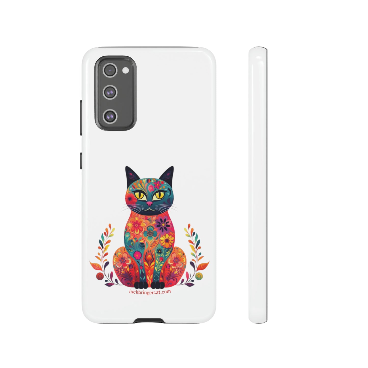 Phone Case for Cat Lovers- iPhone, Samsung Galaxy, Google Pixel- Colorful Floral Cat-White-Graphic