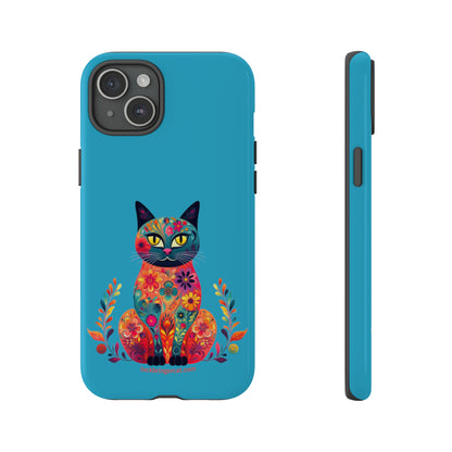 Phone Case for Cat Lovers- iPhone, Samsung Galaxy, Google Pixel- Colorful Floral Cat-Turquoise-Graphic