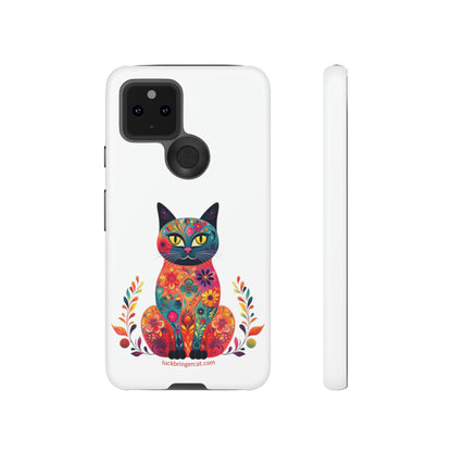 Phone Case for Cat Lovers- iPhone, Samsung Galaxy, Google Pixel- Colorful Floral Cat-White-Graphic