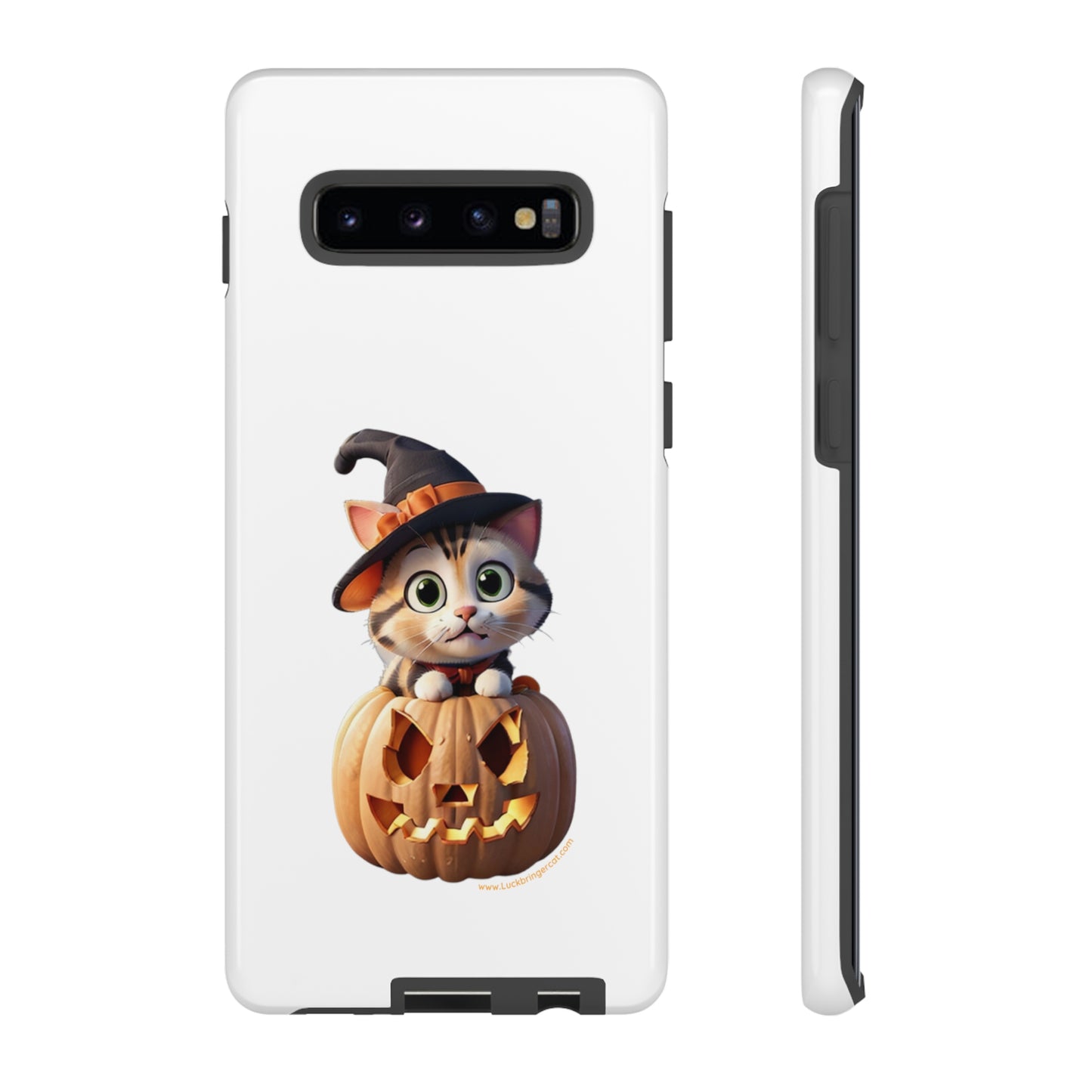 Premium-quality tough protective phone cases for iPhone and Samsung - Halloween Cat - White