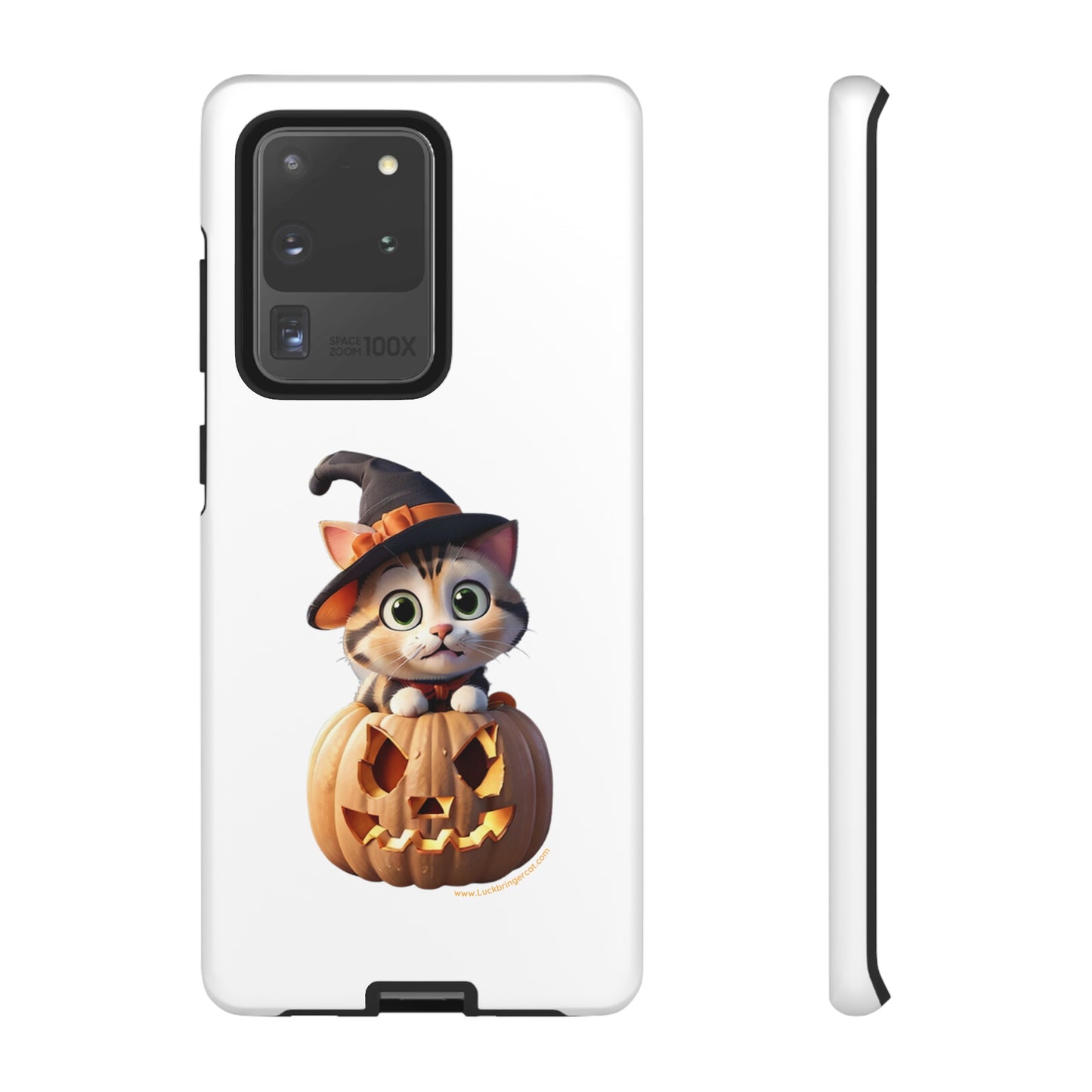 Premium-quality tough protective phone cases for iPhone and Samsung - Halloween Cat - White