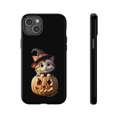 Premium-quality tough protective phone cases for iPhone and Samsung - Halloween Pumpkin Cat - Black