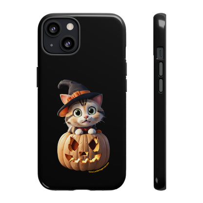 Premium-quality tough protective phone cases for iPhone and Samsung - Halloween Pumpkin Cat - Black