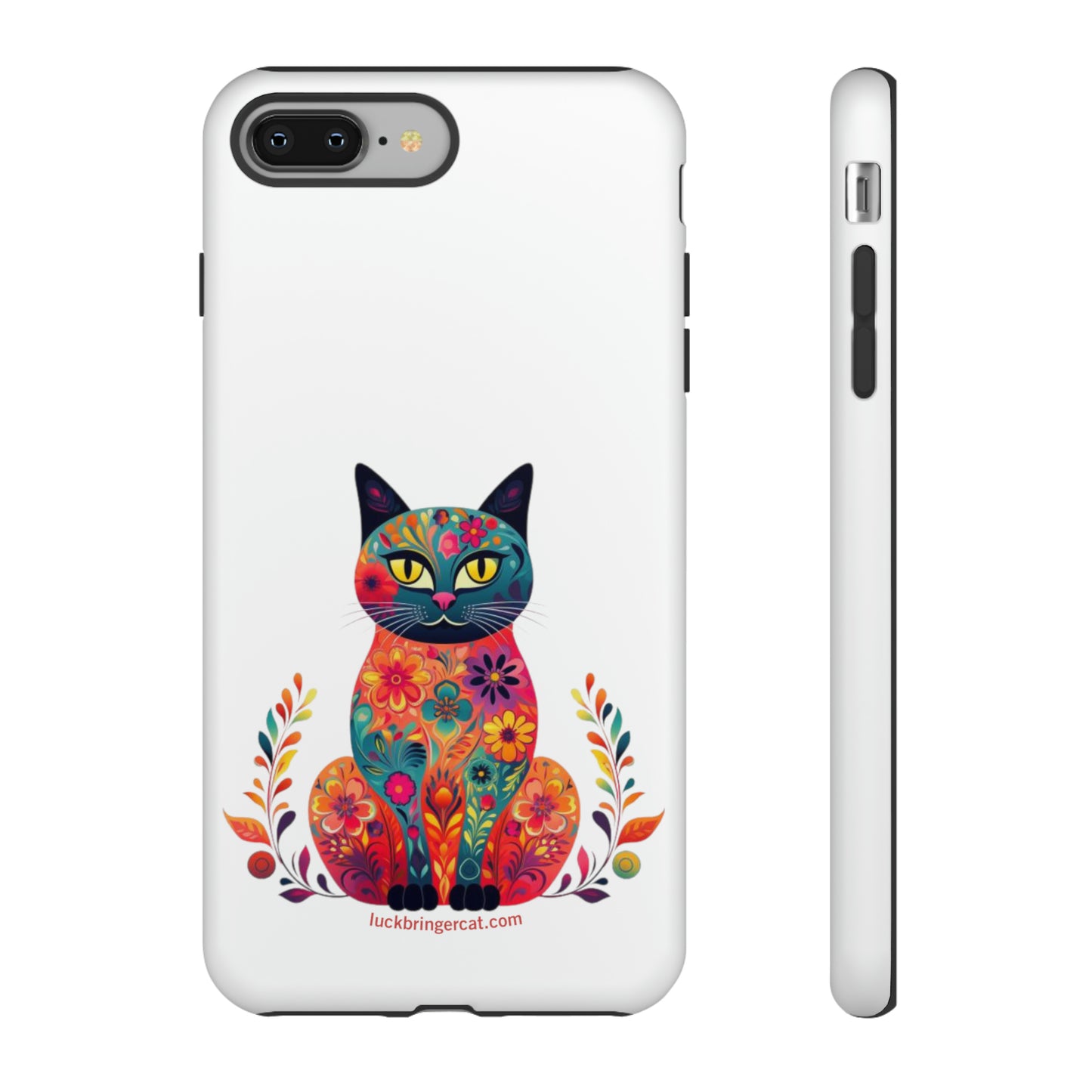 Phone Case for Cat Lovers- iPhone, Samsung Galaxy, Google Pixel- Colorful Floral Cat-White-Graphic