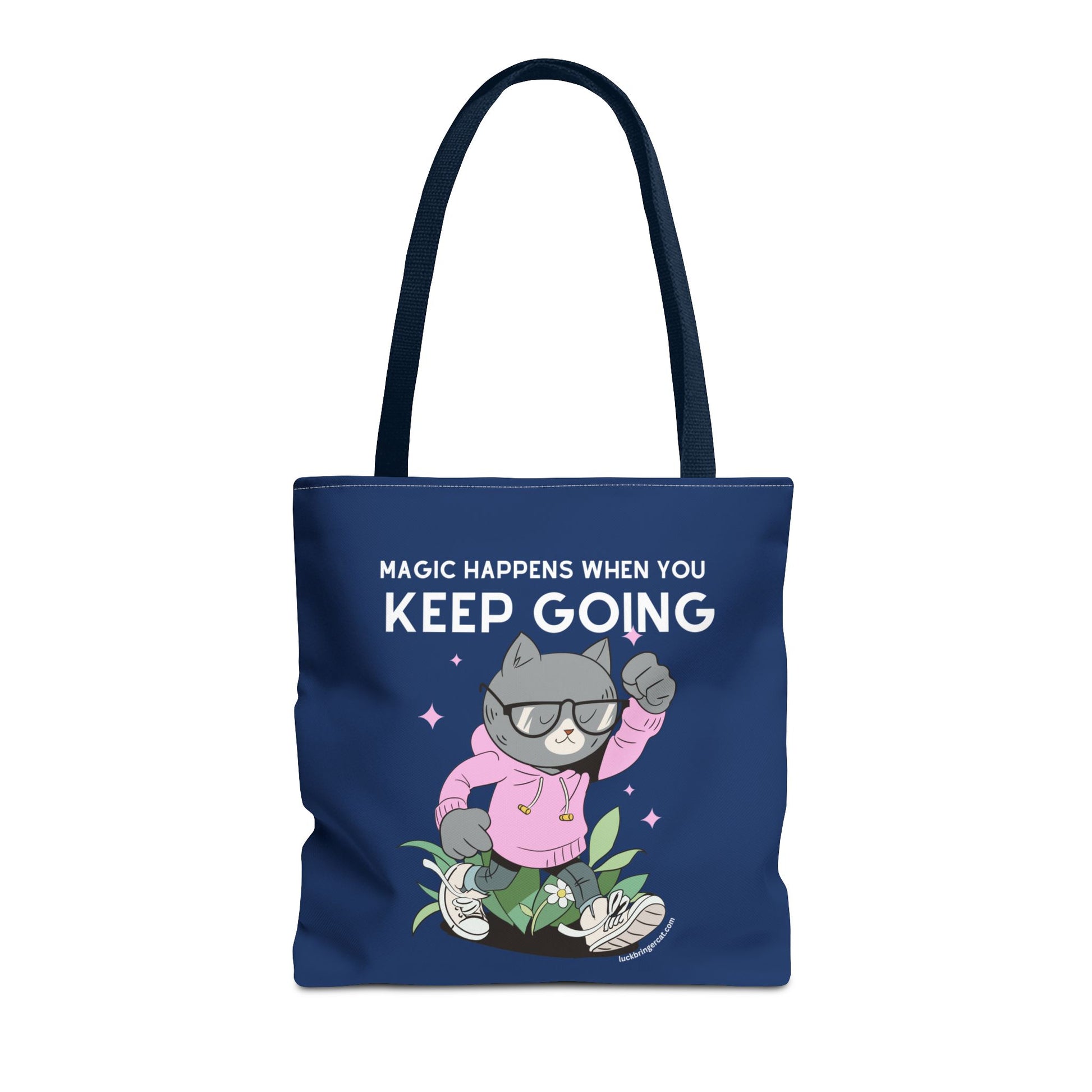 Motivational Tote Bag - Magic Happens When You Keep Going - Inspirational Gift for Dreamers and Go-Getters - Perfect gift for cat lovers, cat moms or kitten lovers and students 