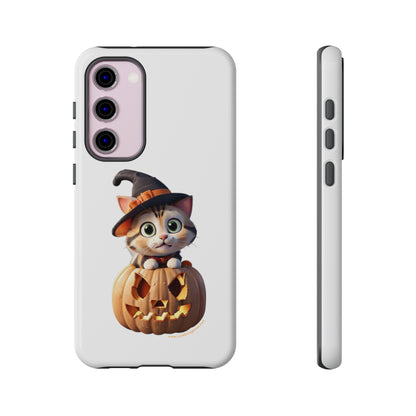 Premium-quality tough protective phone cases for iPhone and Samsung - Halloween Cat - White