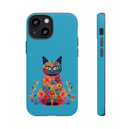 Phone Case for Cat Lovers- iPhone, Samsung Galaxy, Google Pixel- Colorful Floral Cat-Turquoise-Graphic