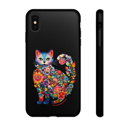 Floral Cat Lovers Phone case- iPhone, Samsung Galaxy, Google Pixel- Black-Tough-Premium Quality