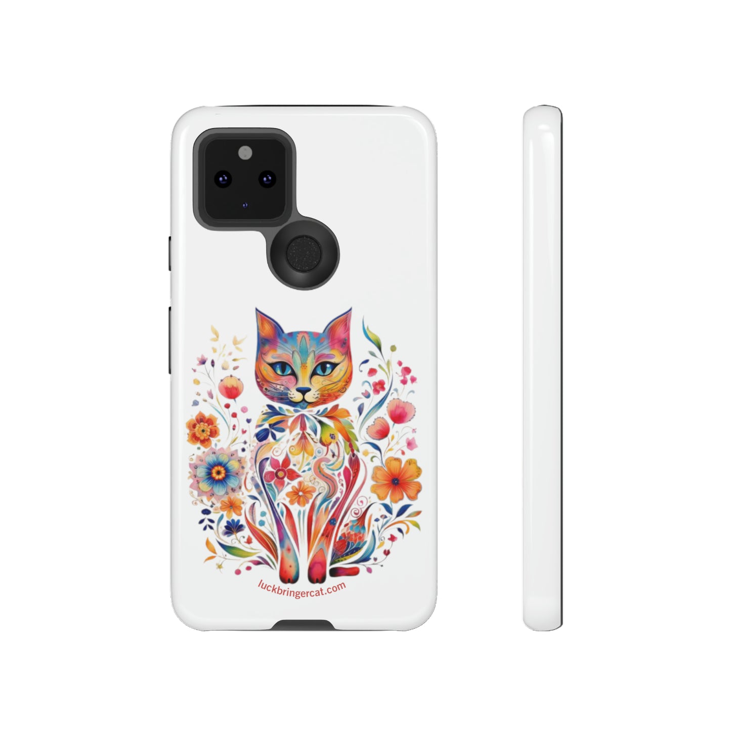 Phone Case for Cat and Flower Lovers- iPhone, Samsung Galaxy, Google Pixel- Colorful Floral Cat-White