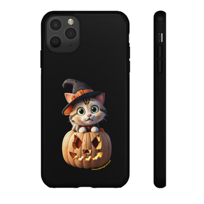 Premium-quality tough protective phone cases for iPhone and Samsung - Halloween Pumpkin Cat - Black