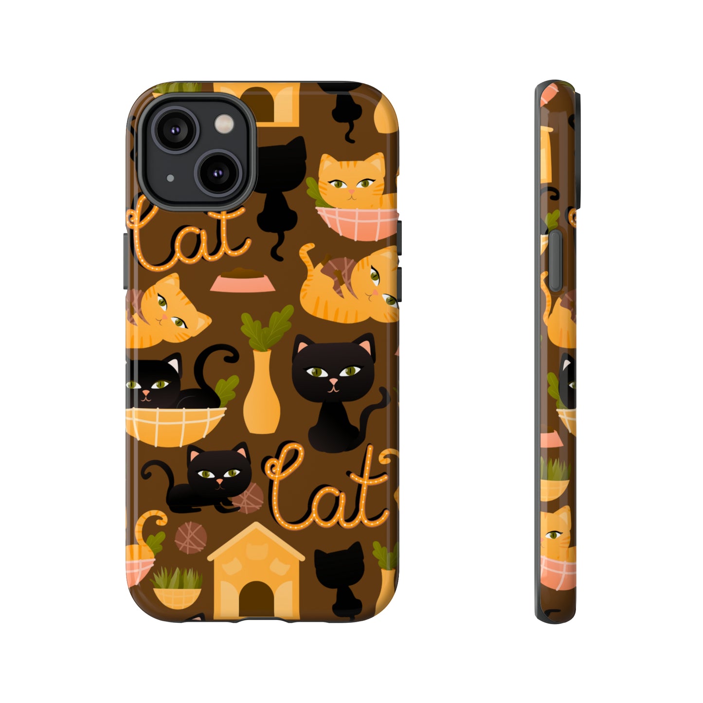 Premium-quality tough protective phone cases for iPhone, Samsung and Google - Brown With Cute Black and Orange Cats