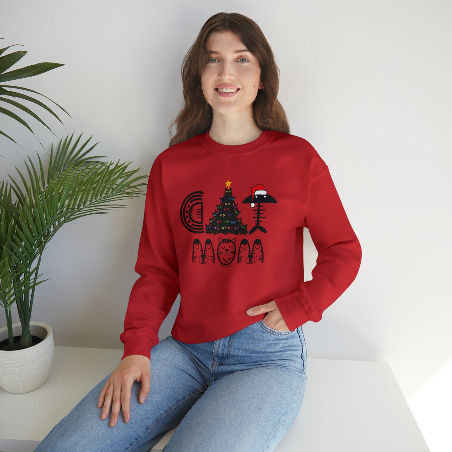 Cat Mom Christmas Crewneck Sweatshirt With Black Cats Christmas Tree