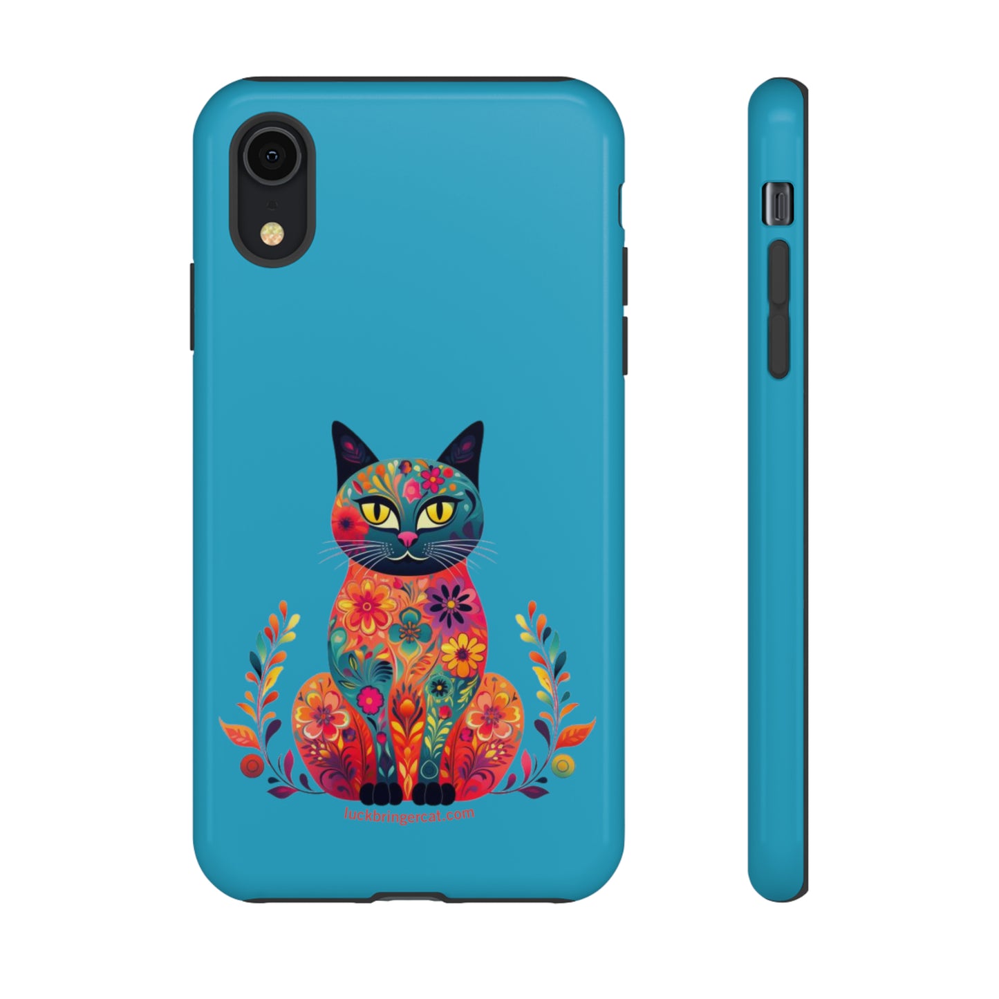 Phone Case for Cat Lovers- iPhone, Samsung Galaxy, Google Pixel- Colorful Floral Cat-Turquoise-Graphic