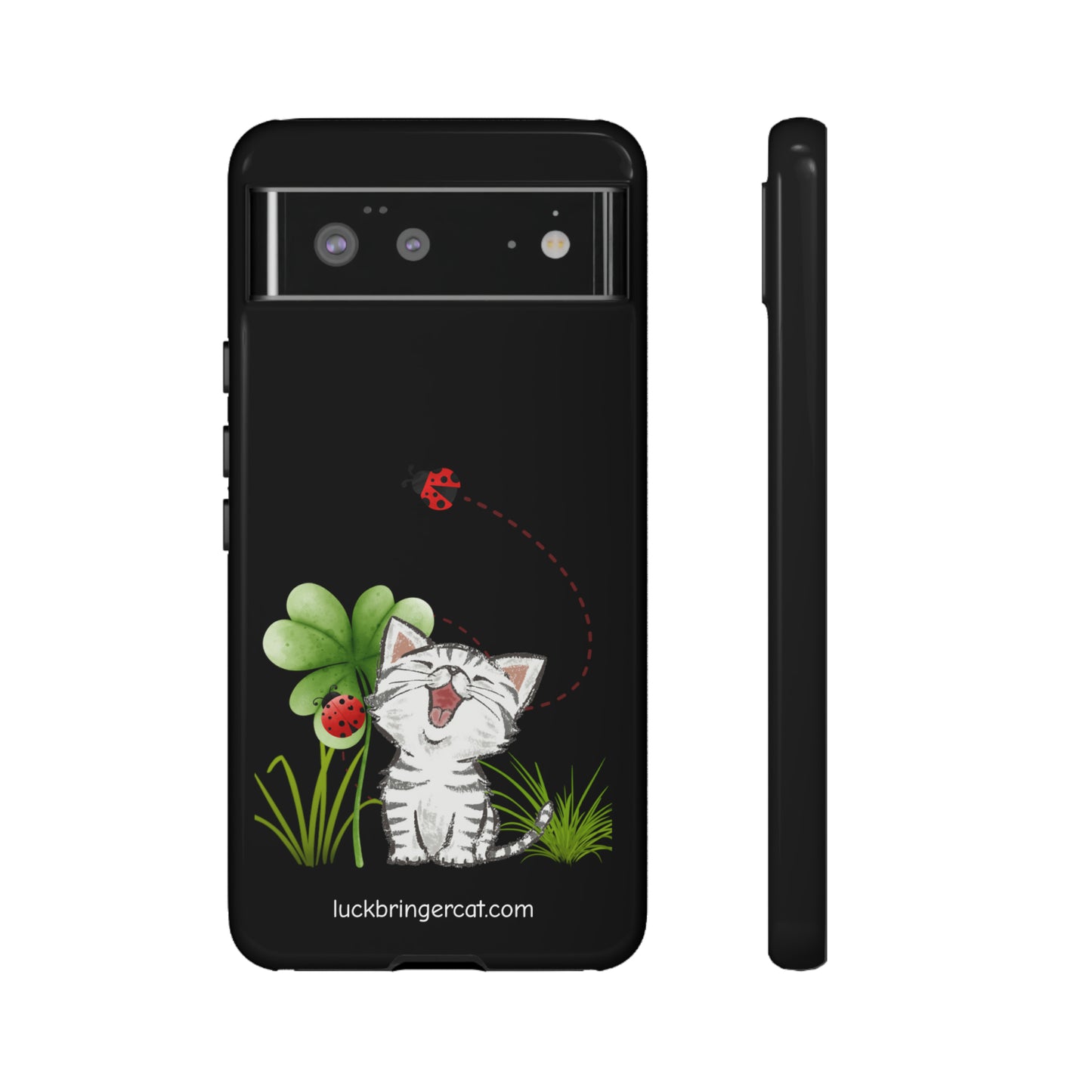 Cute Happy Cat Phone Case- iPhone, Samsung Galaxy, Google Pixel- Black- Lucky Clover Ladybug