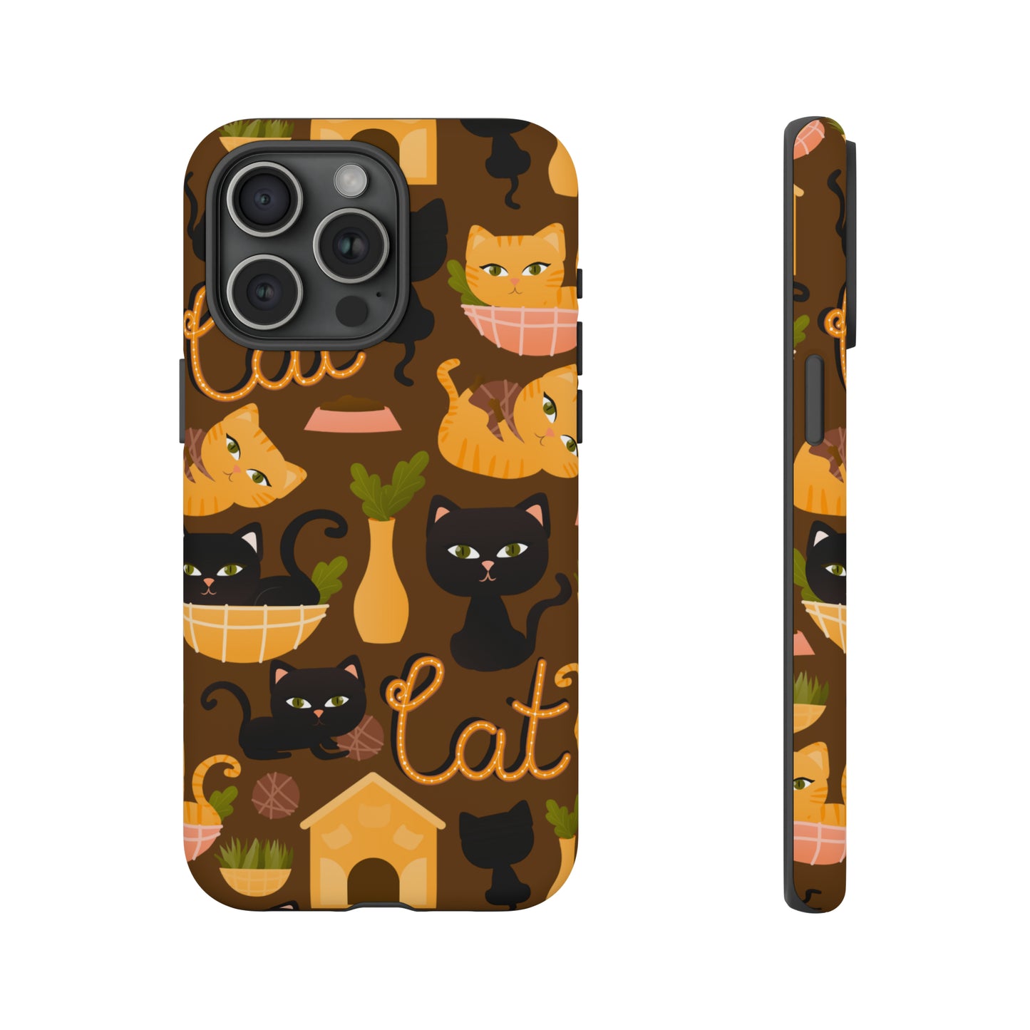 Premium-quality tough protective phone cases for iPhone, Samsung and Google - Brown With Cute Black and Orange Cats