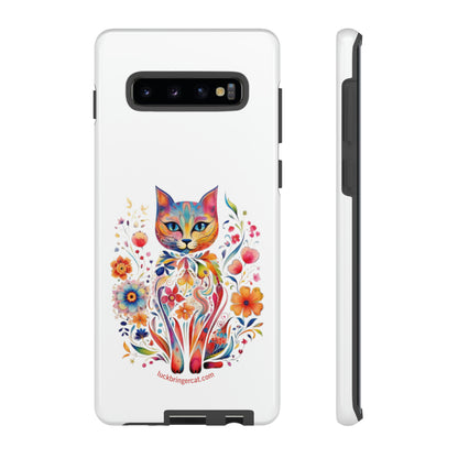 Phone Case for Cat and Flower Lovers- iPhone, Samsung Galaxy, Google Pixel- Colorful Floral Cat-White