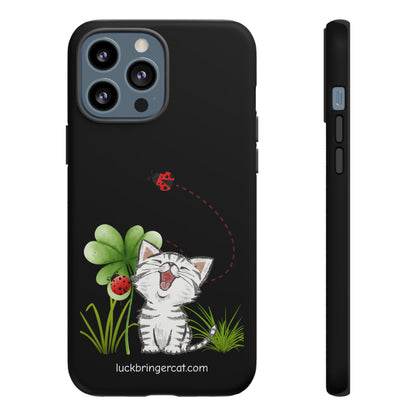 Cute Happy Cat Phone Case- iPhone, Samsung Galaxy, Google Pixel- Black- Lucky Clover Ladybug