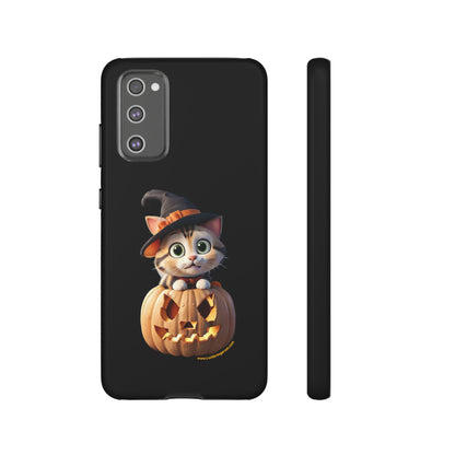 Premium-quality tough protective phone cases for iPhone and Samsung - Halloween Pumpkin Cat - Black