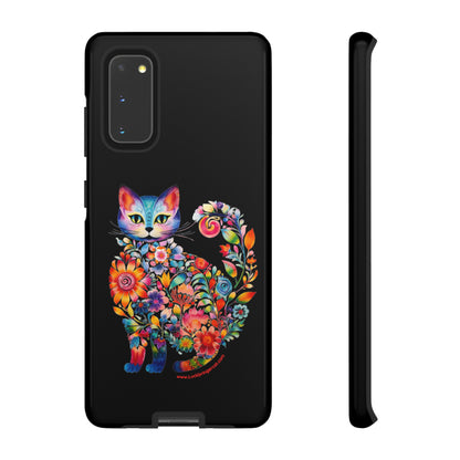 Floral Cat Lovers Phone case- iPhone, Samsung Galaxy, Google Pixel- Black-Tough-Premium Quality