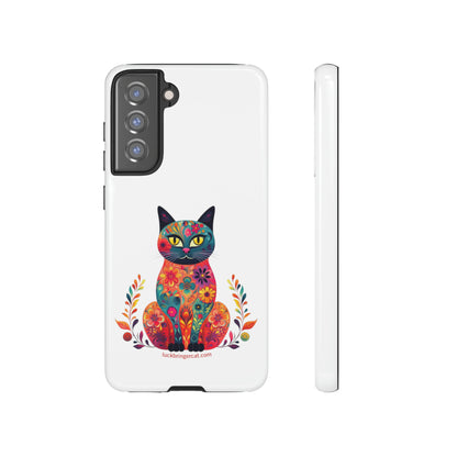 Phone Case for Cat Lovers- iPhone, Samsung Galaxy, Google Pixel- Colorful Floral Cat-White-Graphic