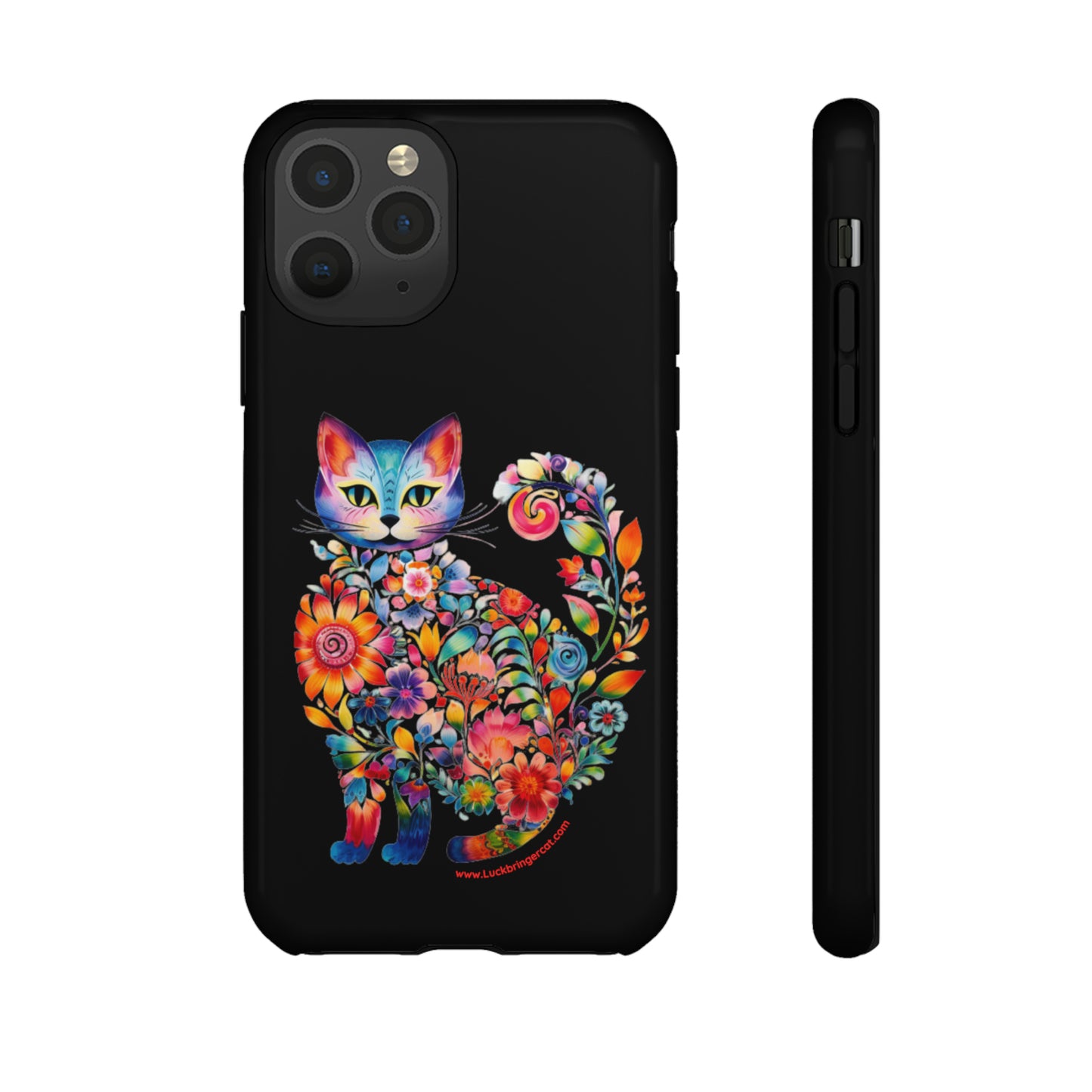 Floral Cat Lovers Phone case- iPhone, Samsung Galaxy, Google Pixel- Black-Tough-Premium Quality