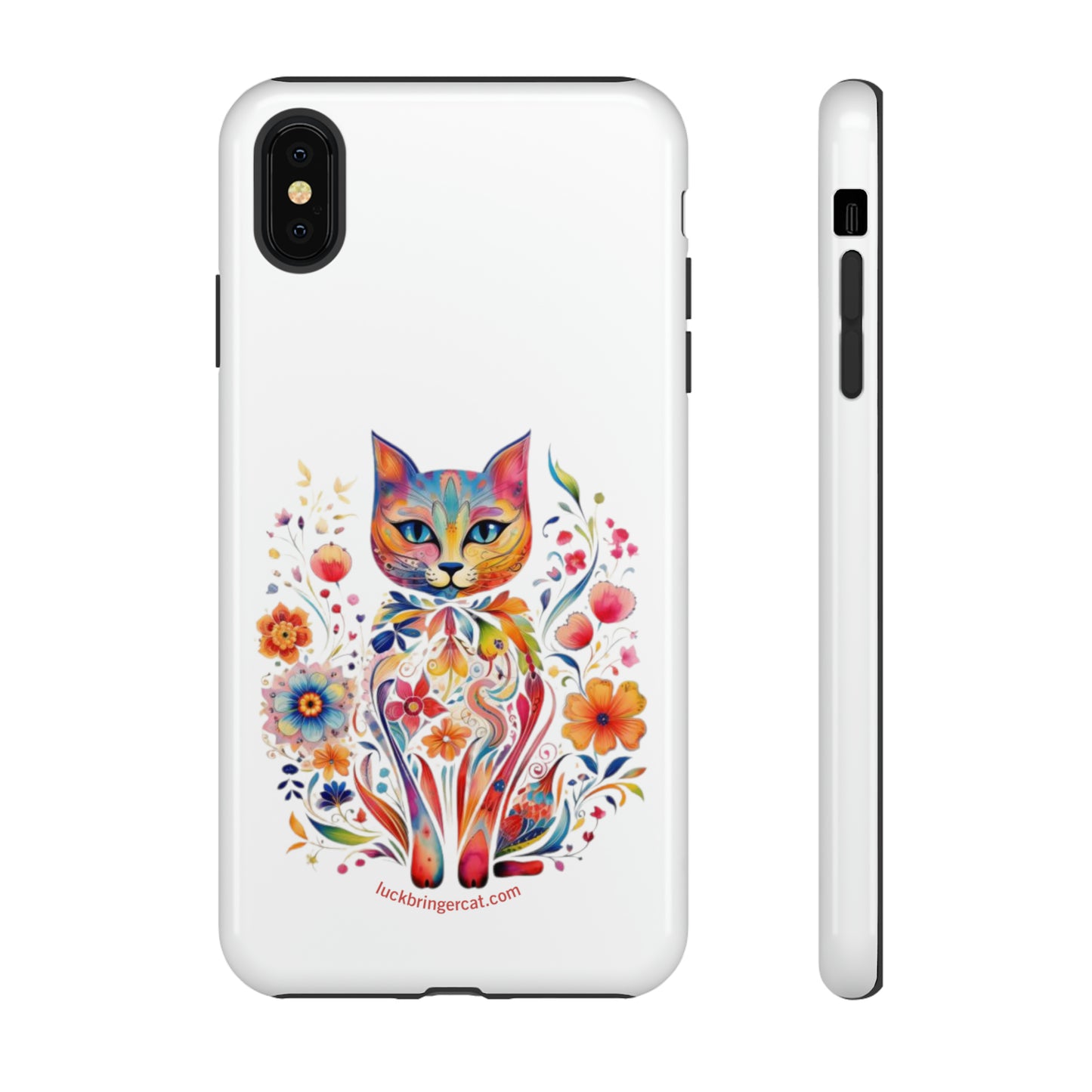 Phone Case for Cat and Flower Lovers- iPhone, Samsung Galaxy, Google Pixel- Colorful Floral Cat-White