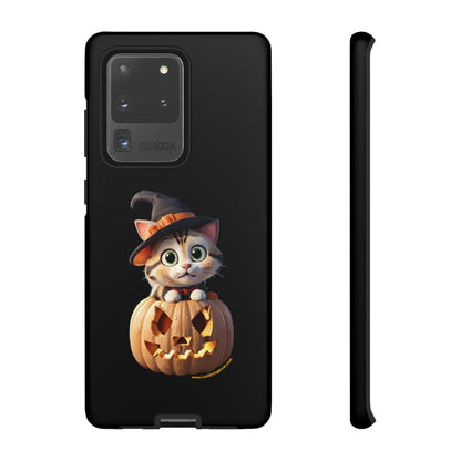 Premium-quality tough protective phone cases for iPhone and Samsung - Halloween Pumpkin Cat - Black