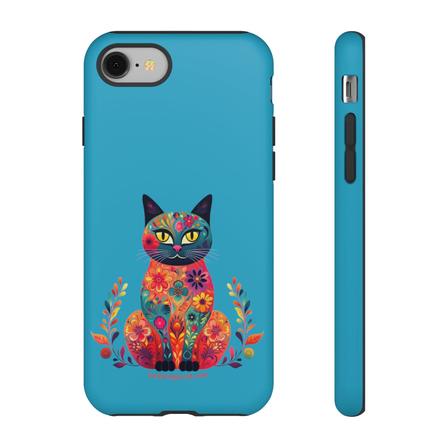 Phone Case for Cat Lovers- iPhone, Samsung Galaxy, Google Pixel- Colorful Floral Cat-Turquoise-Graphic