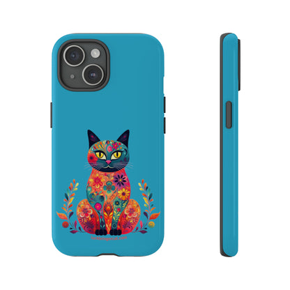 Phone Case for Cat Lovers- iPhone, Samsung Galaxy, Google Pixel- Colorful Floral Cat-Turquoise-Graphic