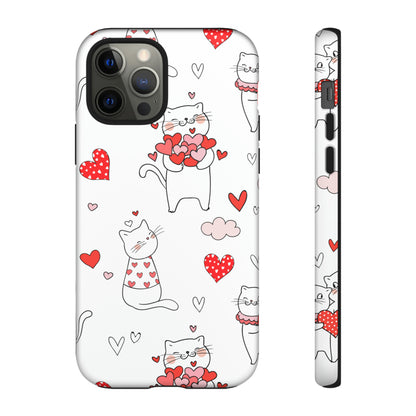 Premium-quality tough protective phone cases for iPhone, Samsung and Google - White With Cute Cartoon Cats and Red Hearts