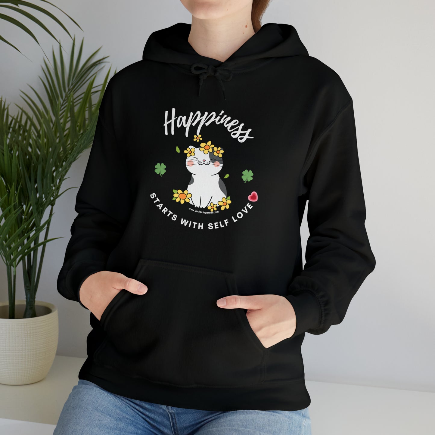 Cat Lovers Selflove Hooded Sweatshirt with Happy Cute Cat- Lucky Clover- Ideal gift for cat lover girls, cat moms (mums)- Happiness starts with self love hoodie-black