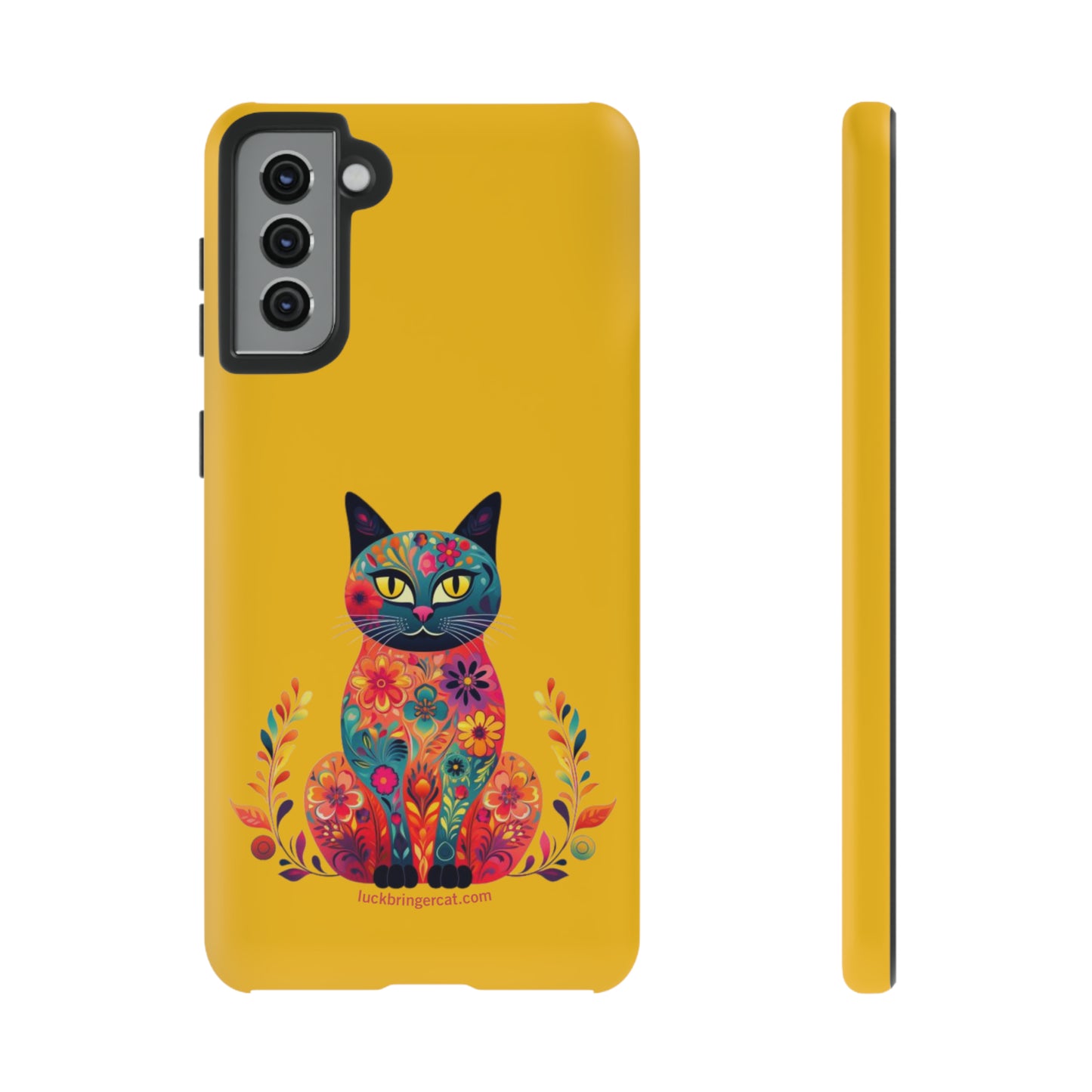 Phone Case for Cat Lovers- iPhone, Samsung Galaxy, Google Pixel- Colorful Floral Cat-Yellow-Graphic