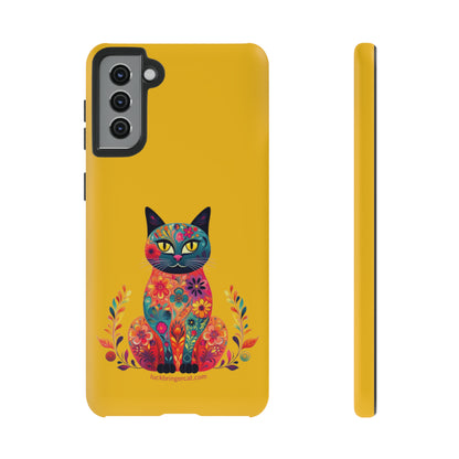 Phone Case for Cat Lovers- iPhone, Samsung Galaxy, Google Pixel- Colorful Floral Cat-Yellow-Graphic